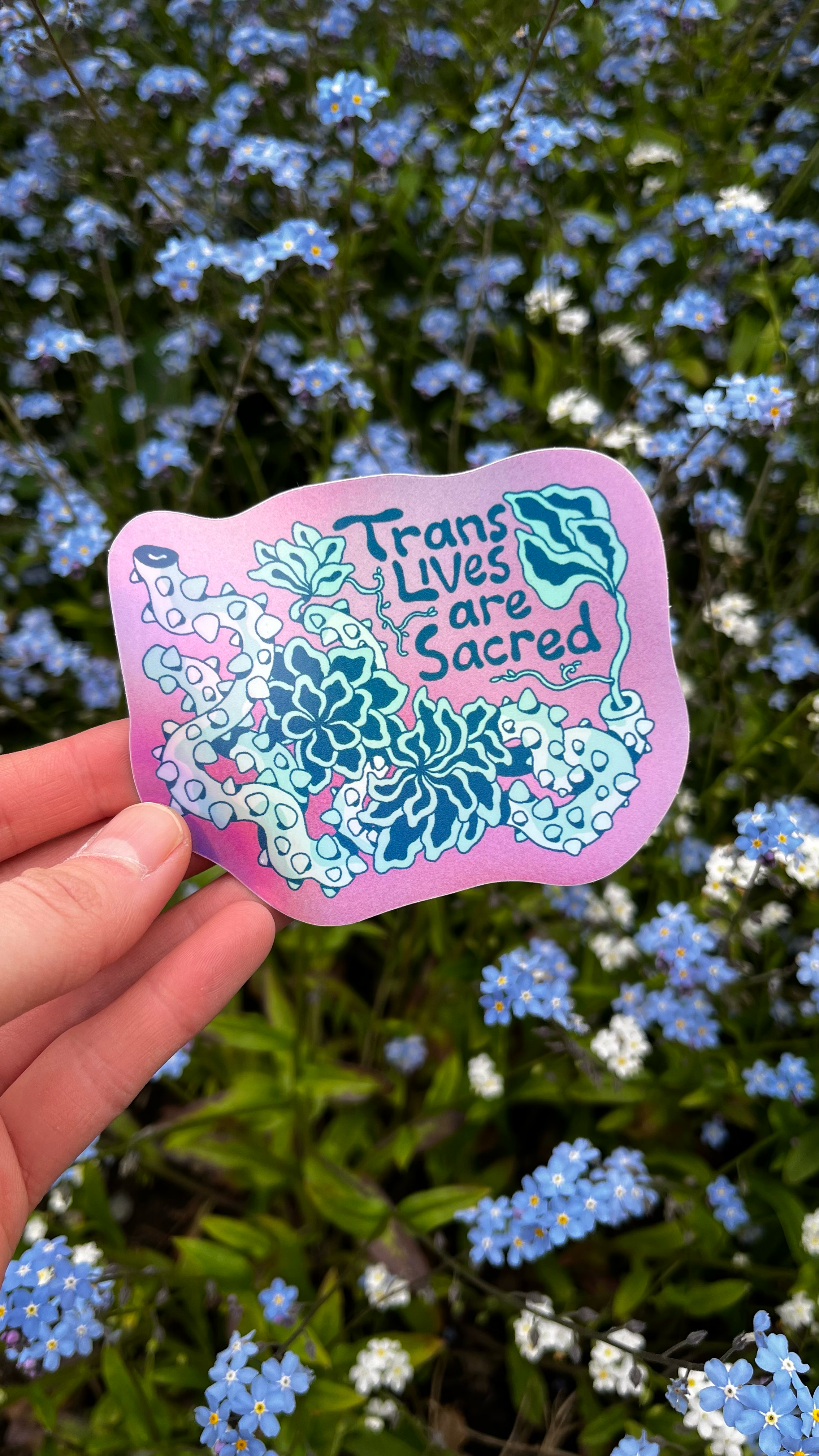 a
        hand
        holding
        a
        holographic
        sticker
        with
        the
        text
        'trans
        lives
        are
        sacred'
        in
        front
        of
        some
        soft blue flowers